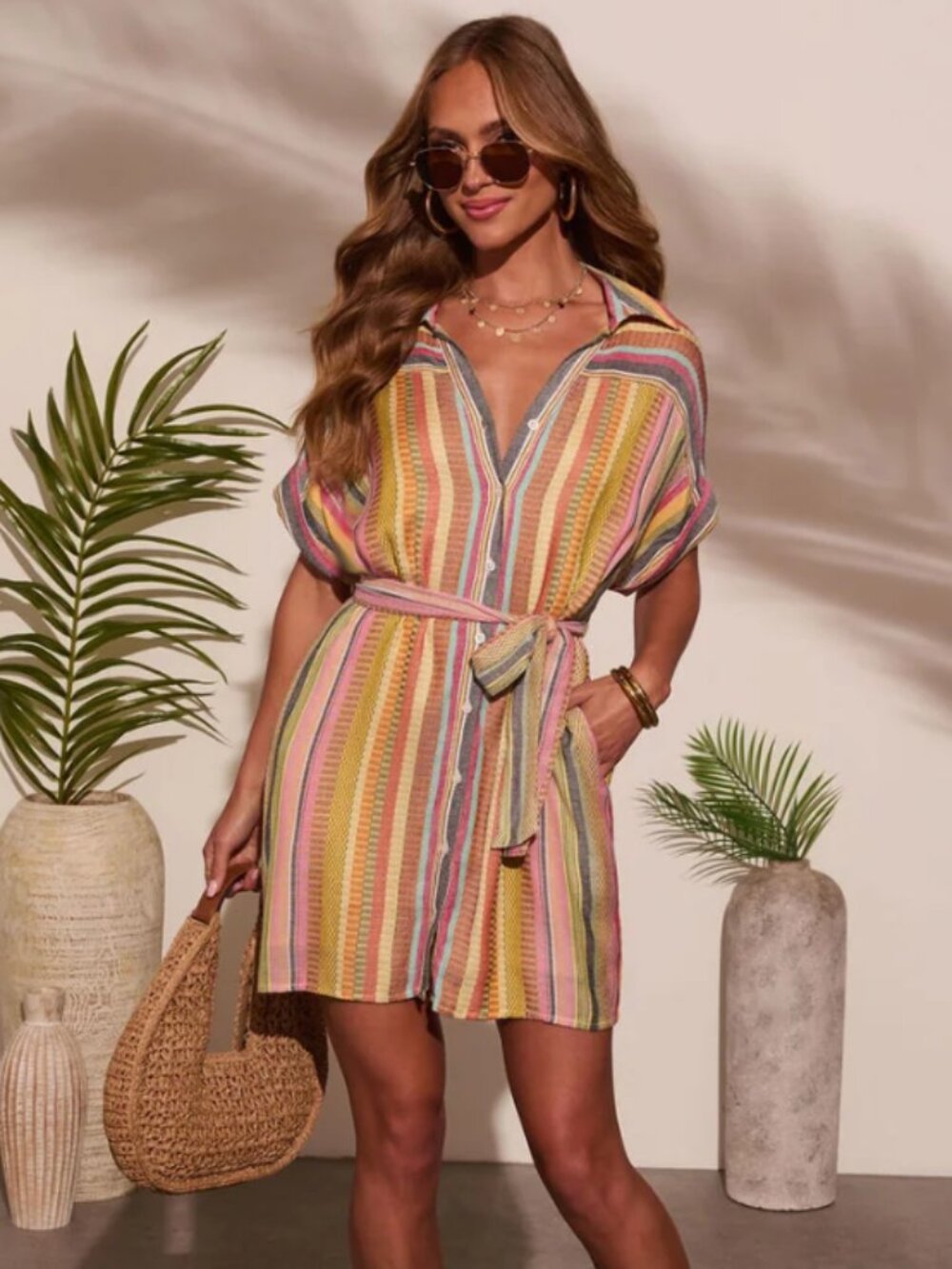 Sunshade Waist Tie Mini Shirt Dress | Vici